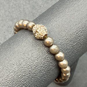 Rhinestone Pearl Stretch As Is Bracelet Gray Grey Round Bead Bling Glam Classic